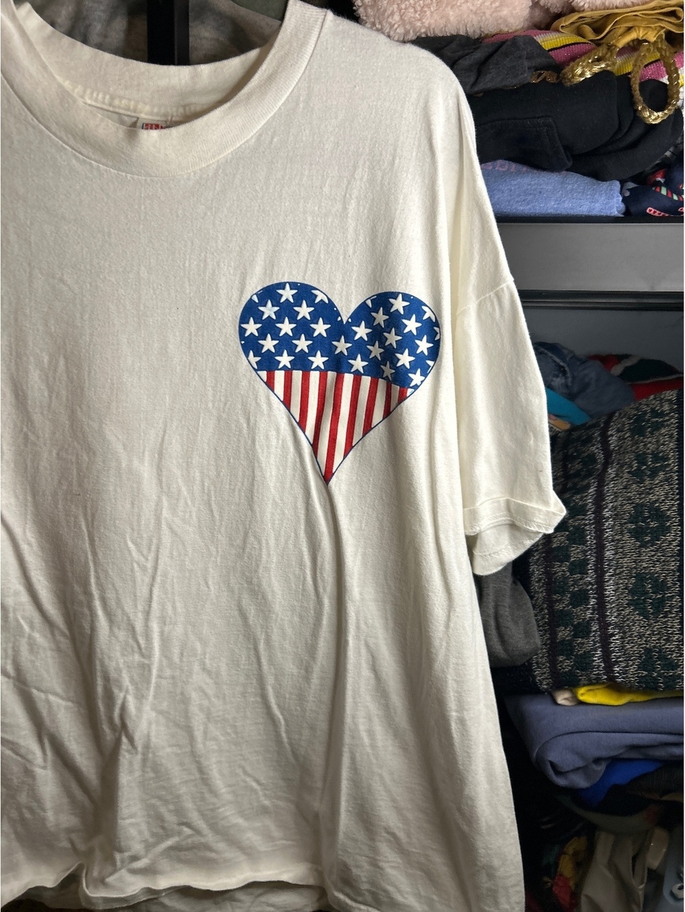 Hanes Beefty-T White T-Shirt with American Flag Heart Graphic, XL